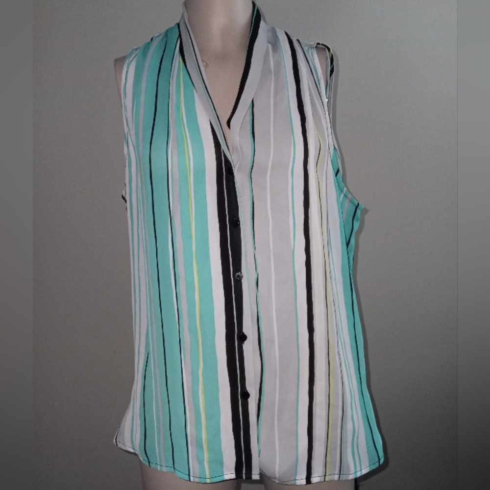 Worthington sleeveless striped blouse gray and aqua print new with tags